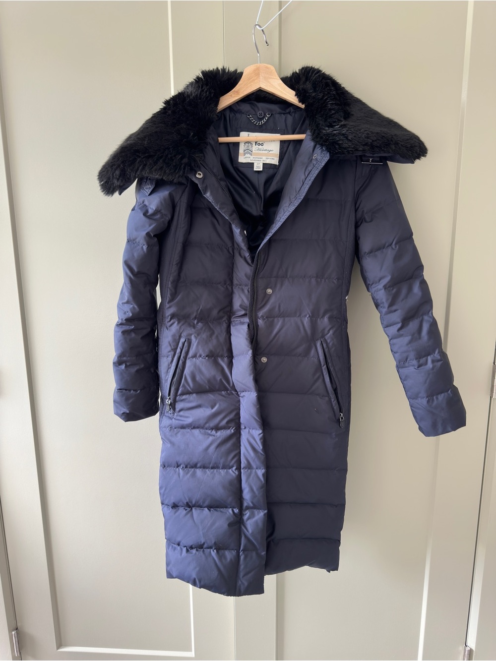 Heritage Navy Quilted Long Puffer Coat with Black Faux Fur Collar